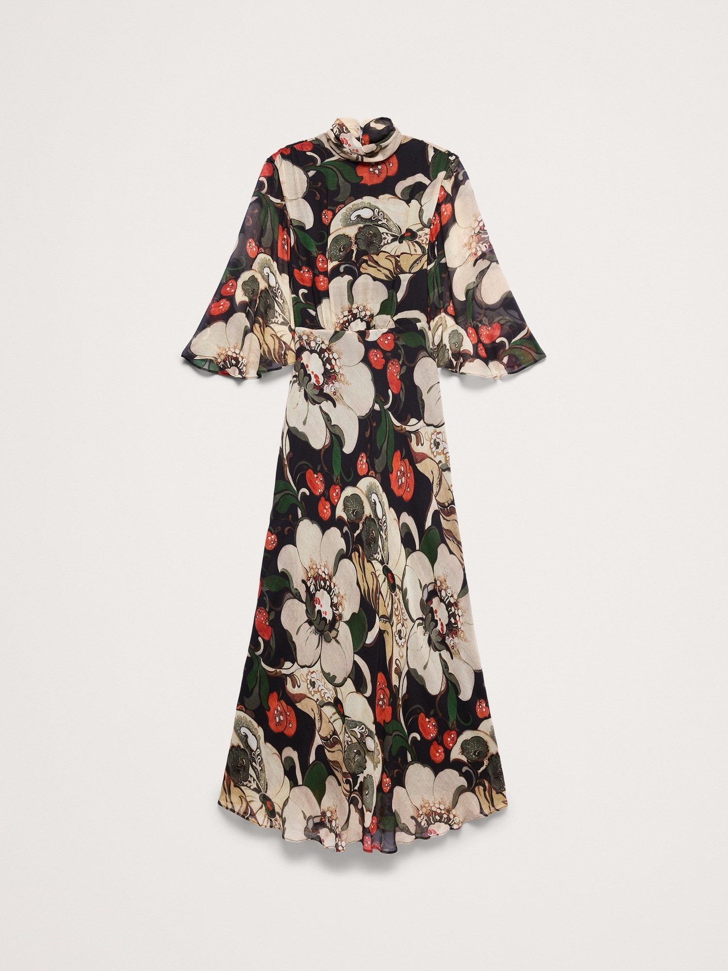 Женское платье Banana Republic Georgette Flutter Cape-Sleeve Midi, цвет: Чёрный с принтом — фото 4