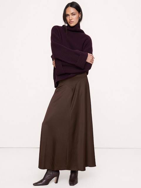 Stretch-Satin Basque-Waist Maxi Skirt