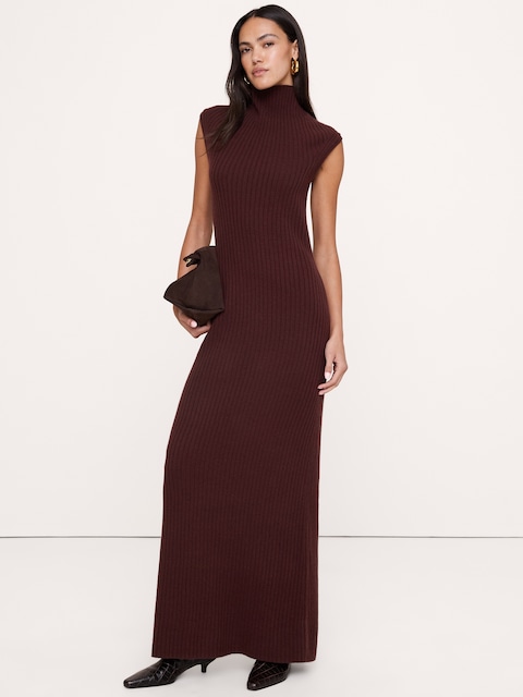 Merino-Cotton Drape-Neck Midi Sweater Dress