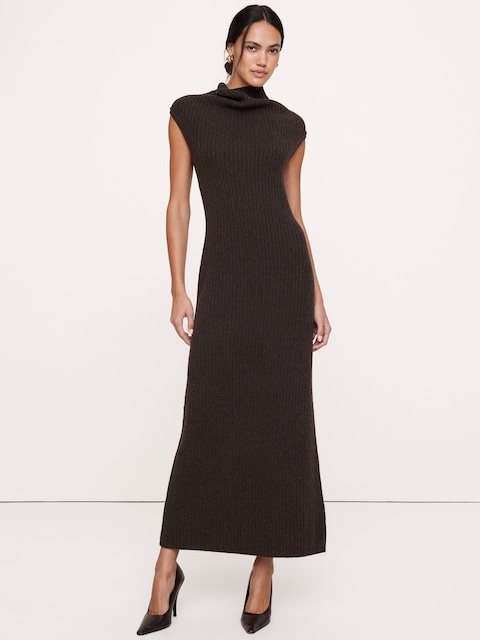Merino-Cotton Drape-Neck Midi Sweater Dress