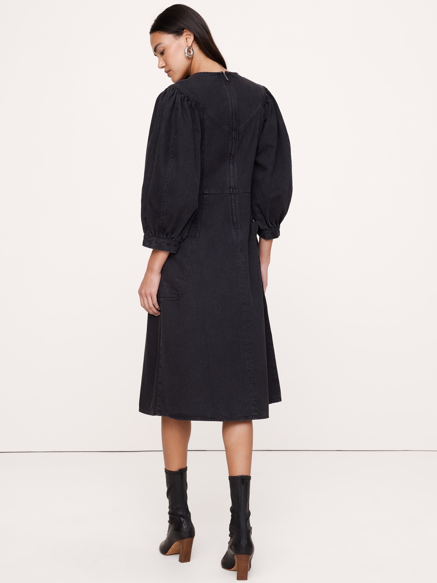 Denim Puff-Sleeve Midi Dress
