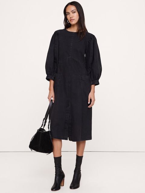 Denim Puff-Sleeve Midi Dress