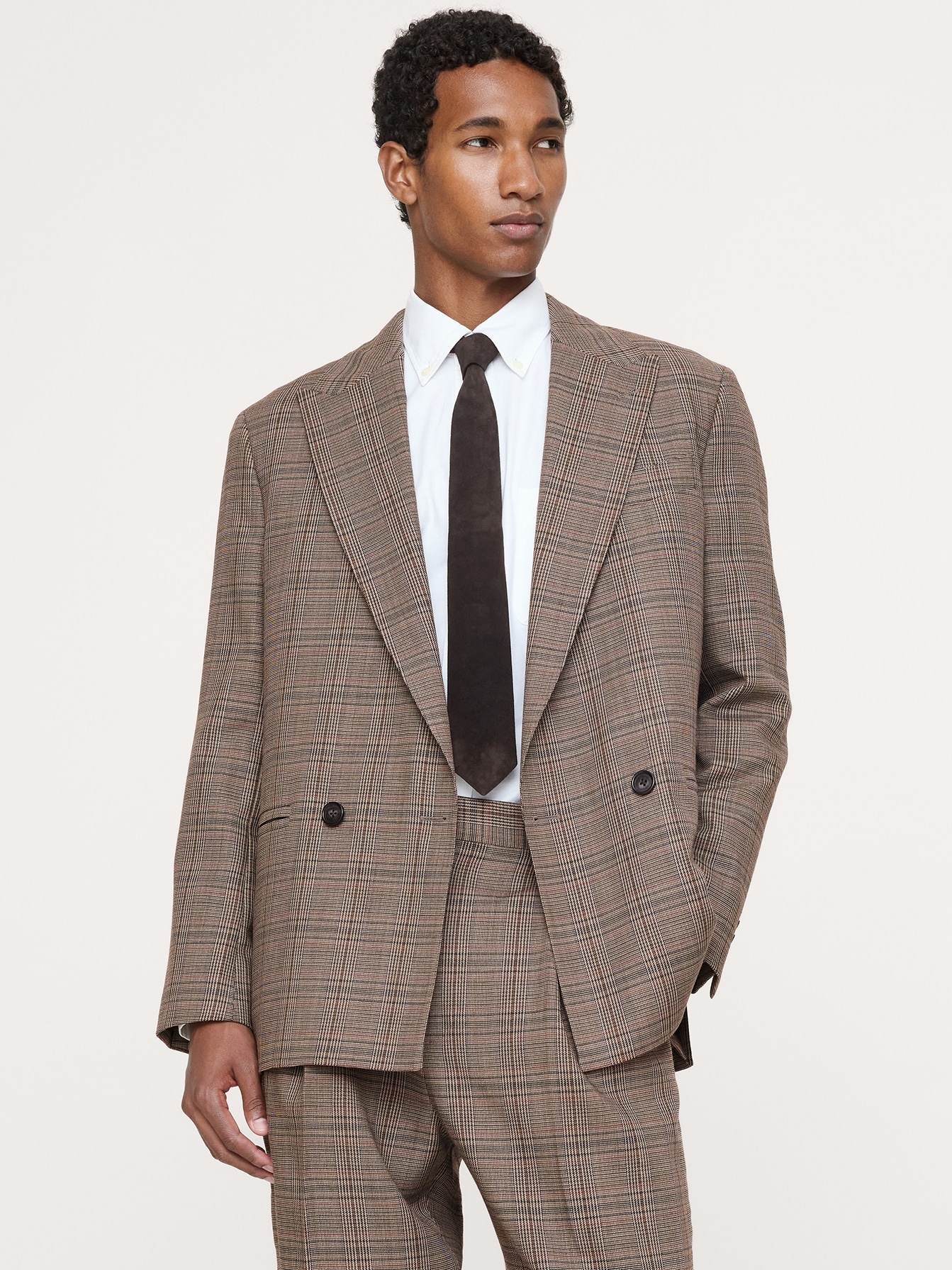 Relaxed Double-Breasted Italian Glen Plaid Suit Jacket