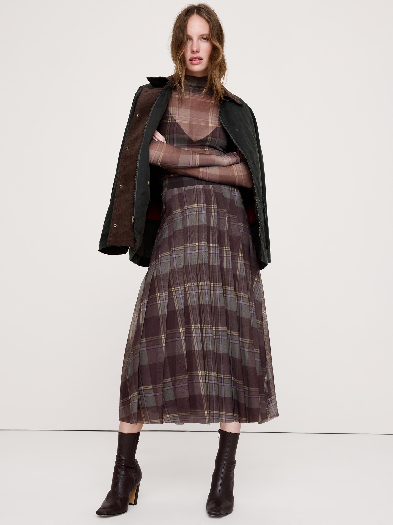 Mesh Pleated Midi Skirt