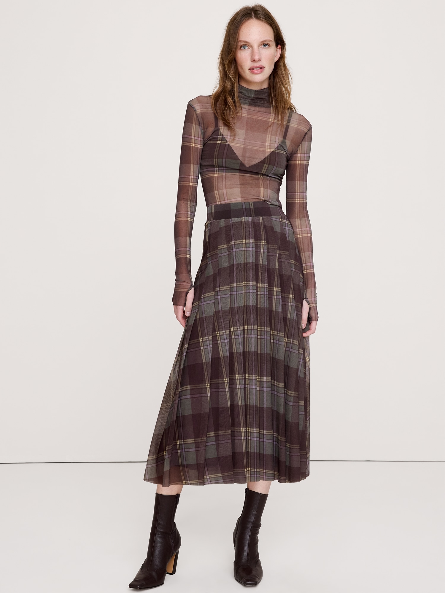 Mesh Pleated Midi Skirt