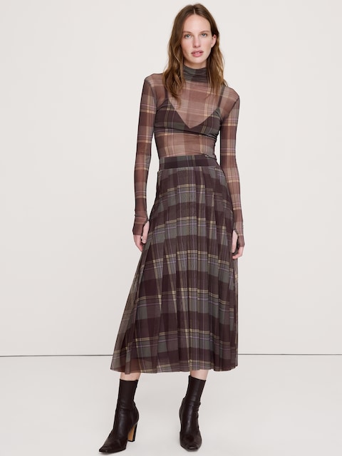 Mesh Pleated Midi Skirt