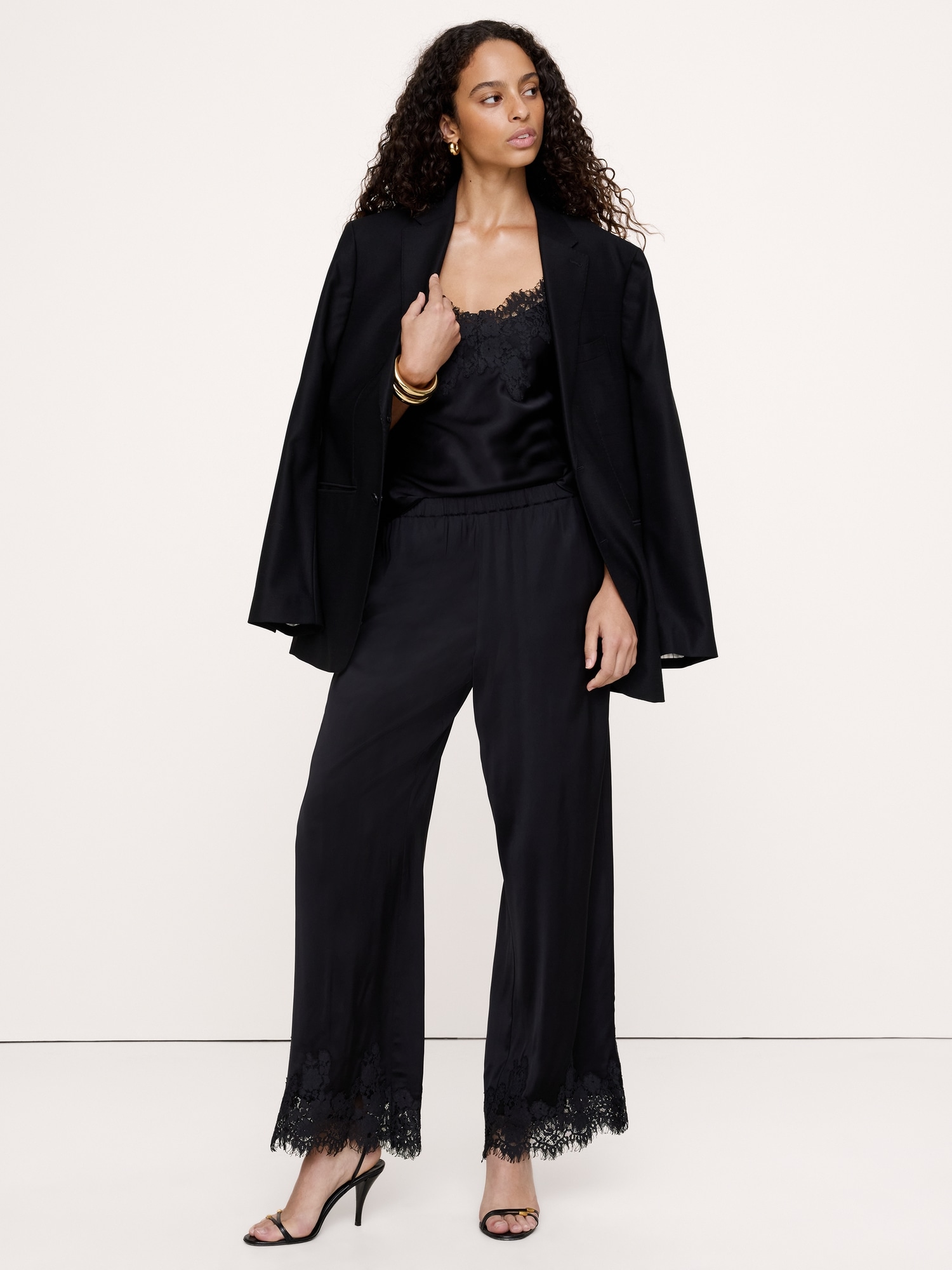 Stretch-Satin Lace-Trim Pull-On Pant