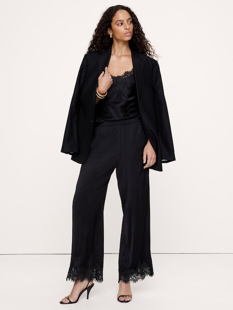 Stretch-Satin Lace-Trim Pull-On Pant