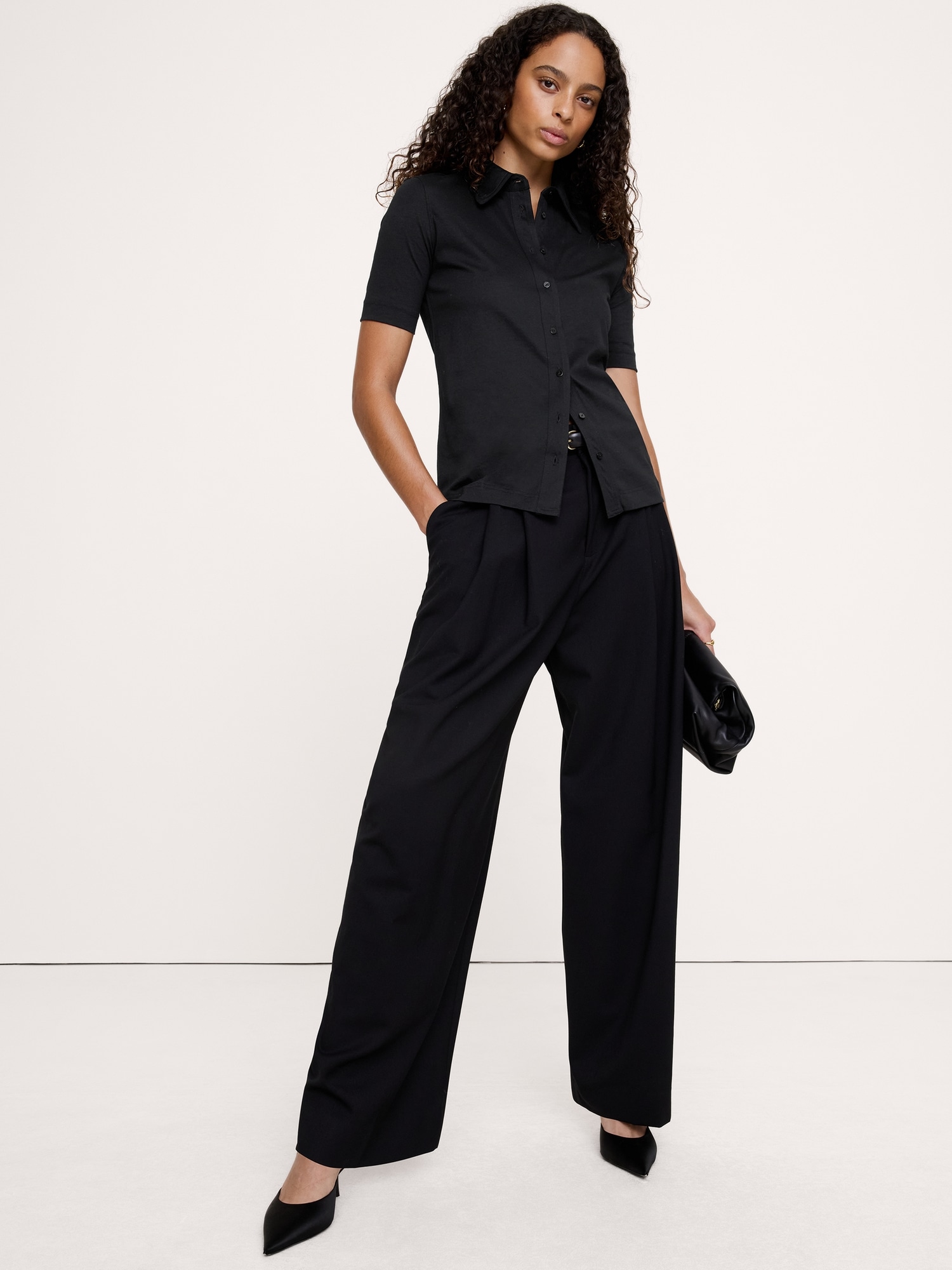 Silky Cotton Short-Sleeve Button-Down Top - thumbnail 3