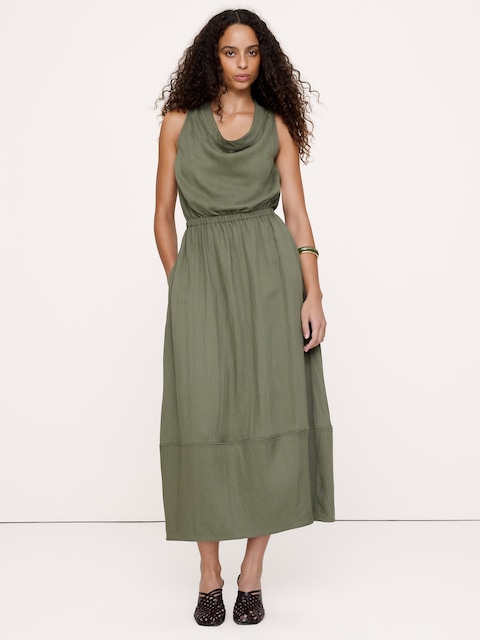Drapey Twill Cowl-Neck Midi Dress