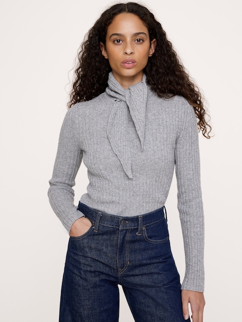 Merino-Cotton Tie-Neck Sweater