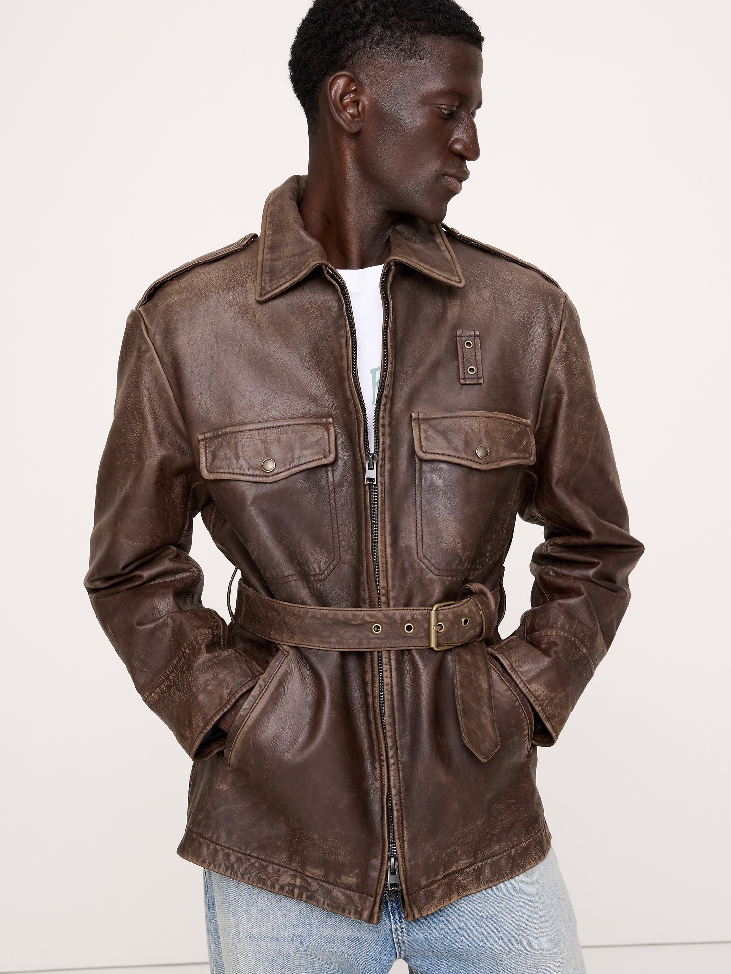 Мужская куртка Banana Republic Leather Belted Field, цвет: Средний коричневый — фото 3