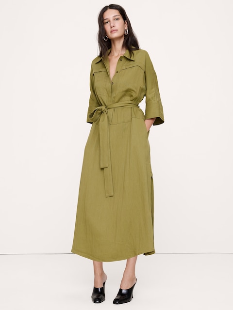 Drapey Twill Belted Midi Shirt Dress