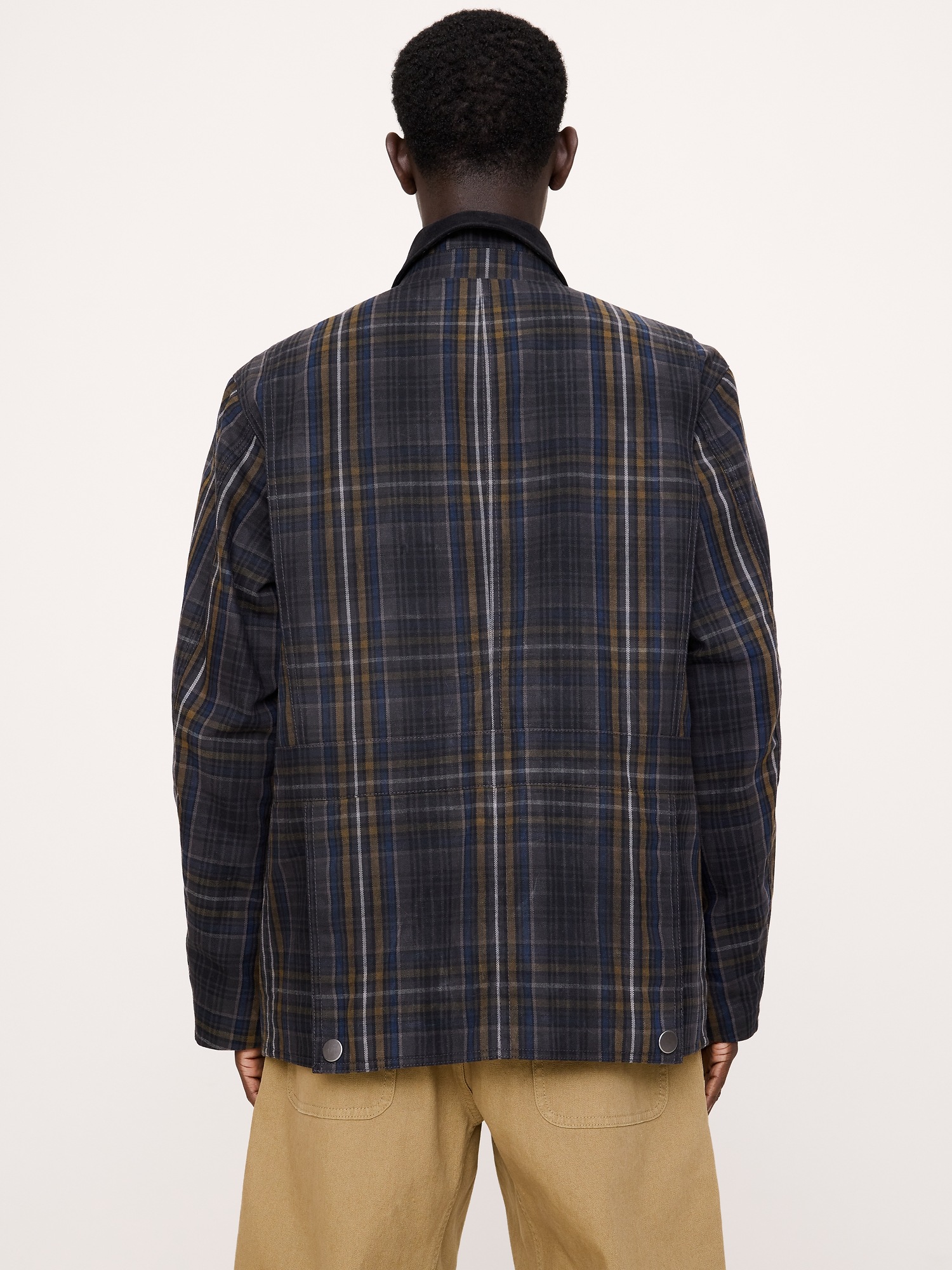 Мужское пальто Banana Republic Cotton Canvas Barn Coat with Corduroy Collar, цвет: Тёмно-синий клетчатый — фото 2
