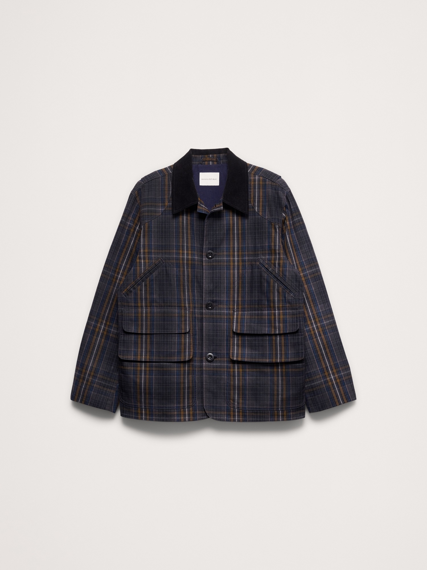 Мужское пальто Banana Republic Cotton Canvas Barn Coat with Corduroy Collar, цвет: Тёмно-синий клетчатый — фото 4