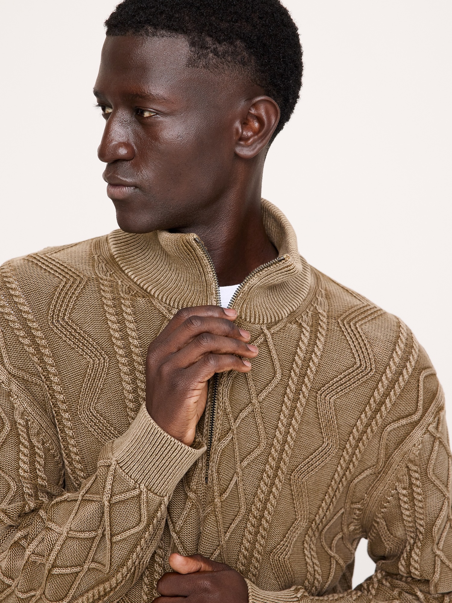 Мужской свитер Banana Republic Cotton Cable-Knit Half-Zip, цвет: Коричневый — фото 6