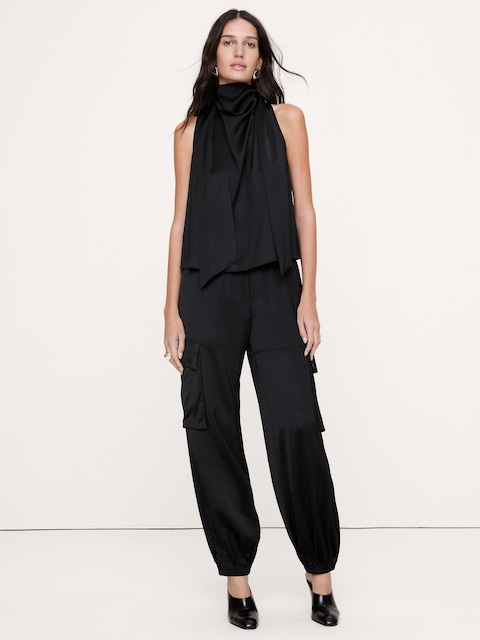 Satin-Stretch Tie-Neck Top