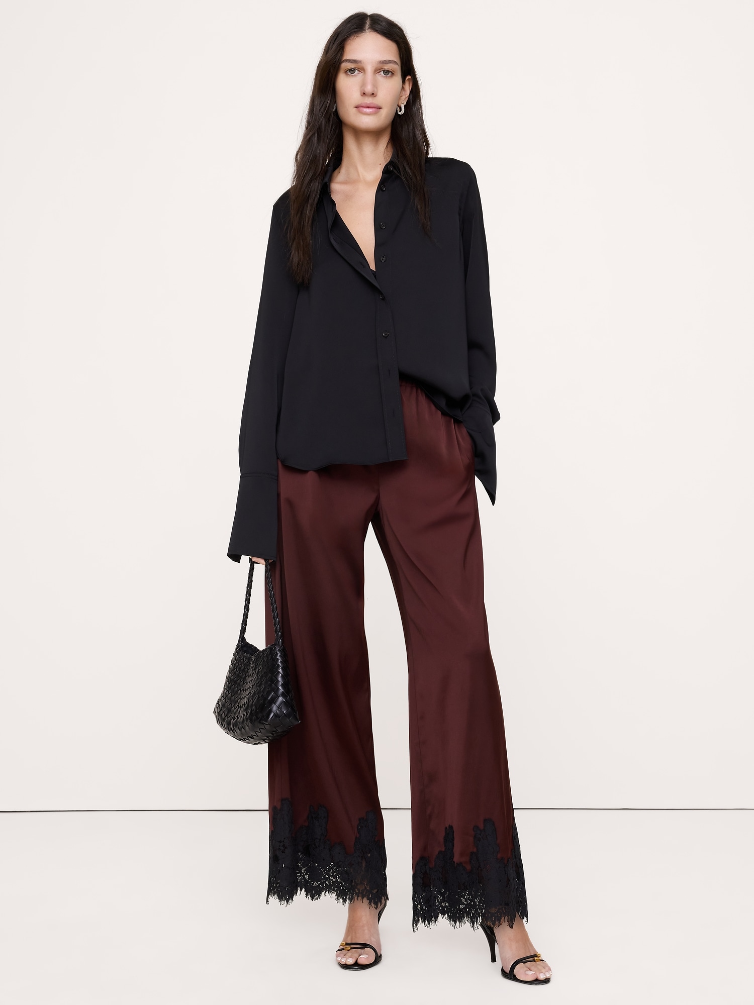 Stretch-Satin Lace-Trim Pull-On Pant - Radicchio Burgundy