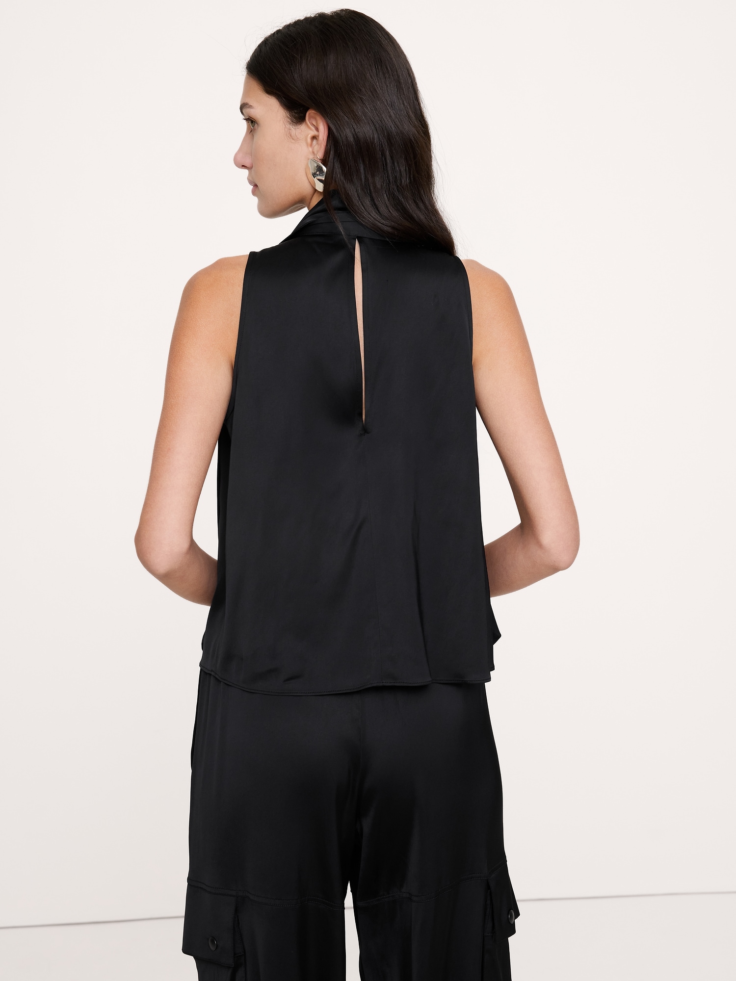 Satin-Stretch Tie-Neck Top