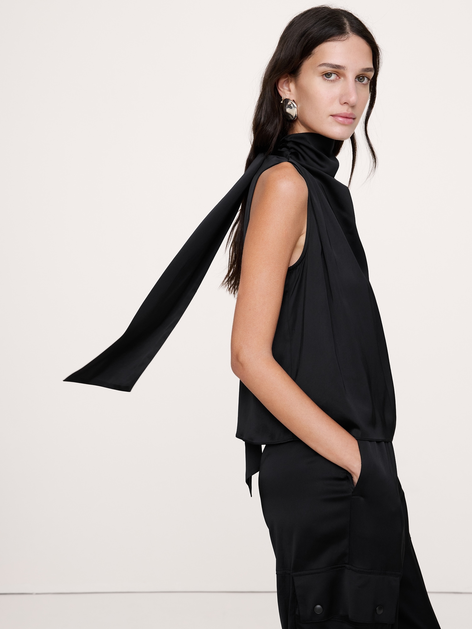 Satin-Stretch Tie-Neck Top