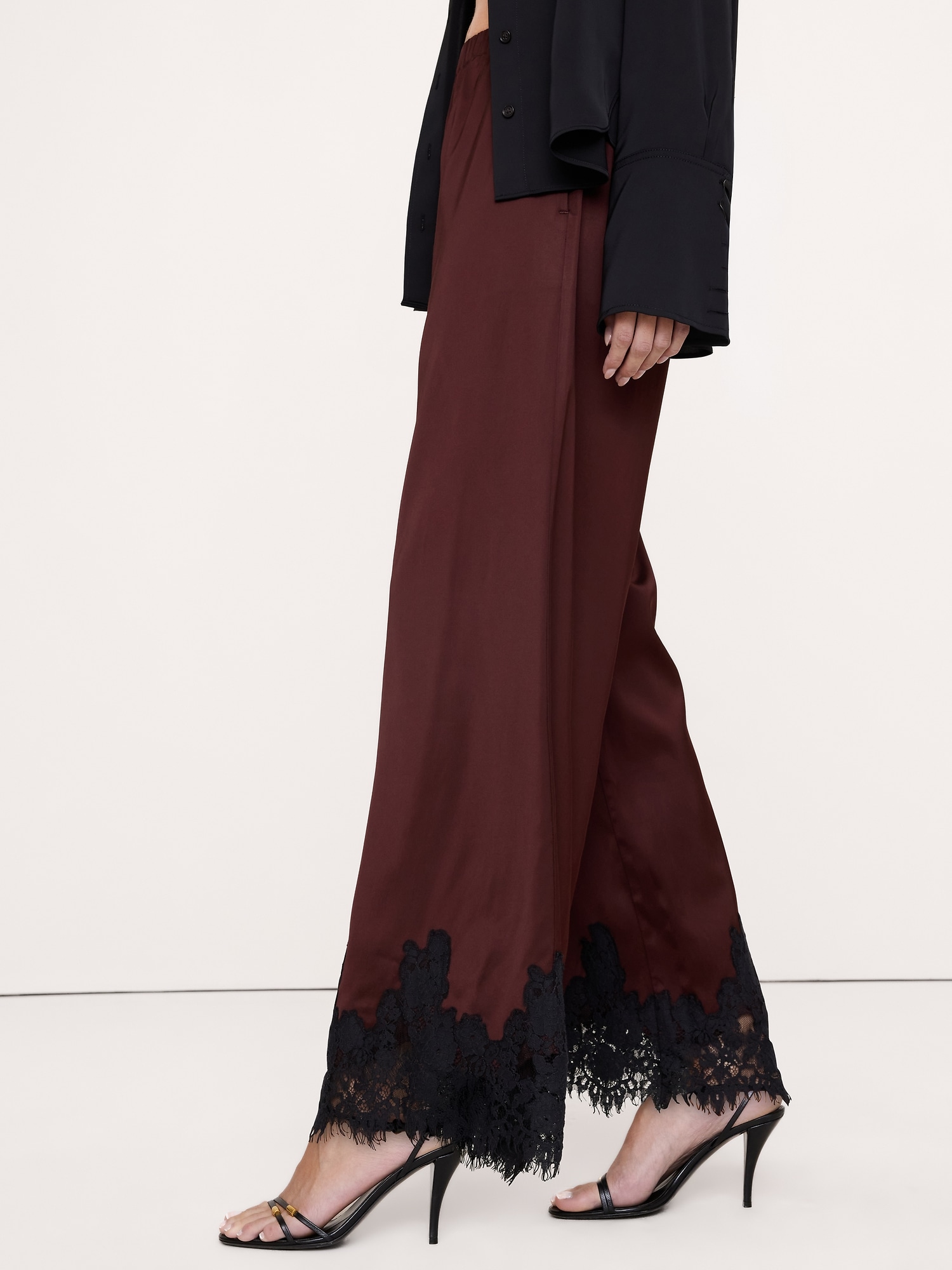 Stretch-Satin Lace-Trim Pull-On Pant