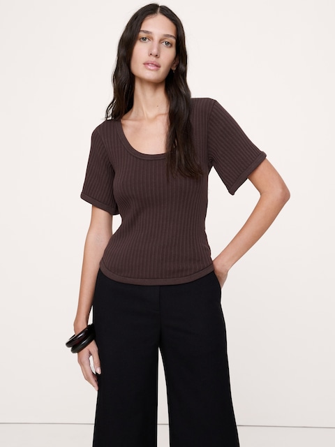 Ribbed Stretch-Cotton Scoop-Neck T-Shirt