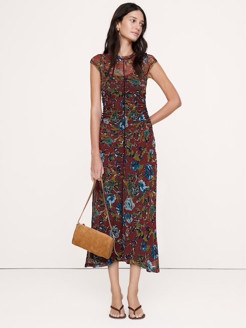 Ruched Mesh Short-Sleeve Midi Dress