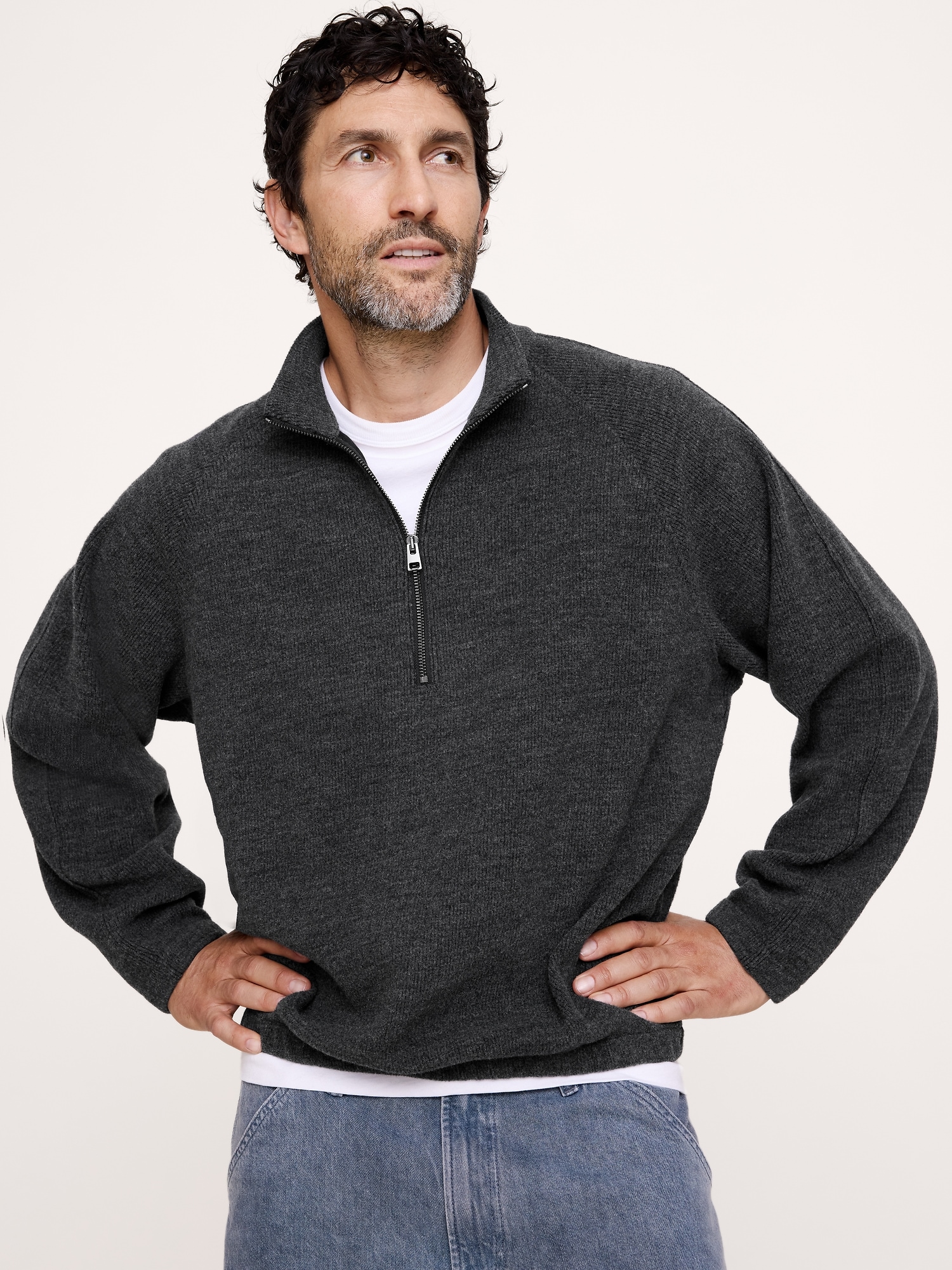 Мужской свитер Banana Republic Wool-Cotton Blend Quarter-Zip, цвет: Угольный серый