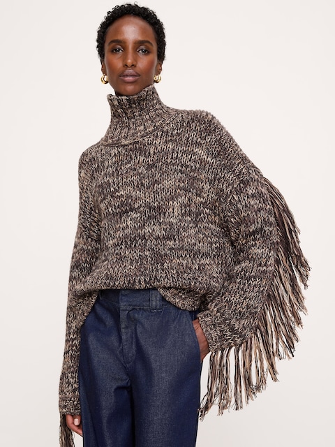 Marled Wool-Cotton Fringe Sweater