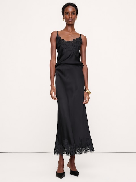Stretch-Satin Lace-Trim Midi Skirt