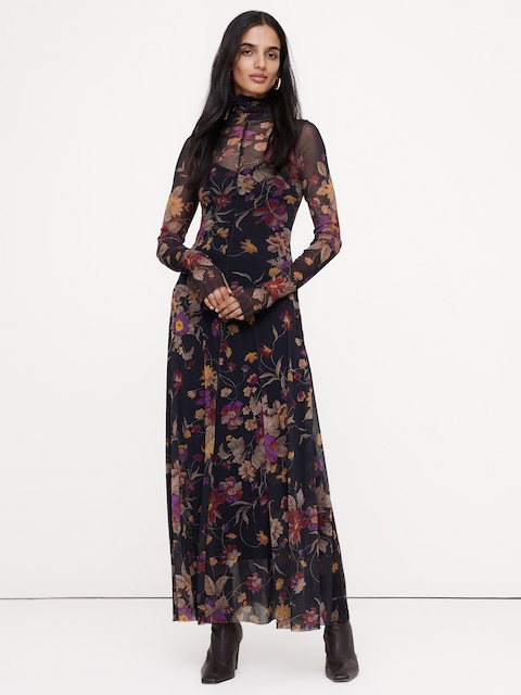 Mesh Long-Sleeve Maxi Dress