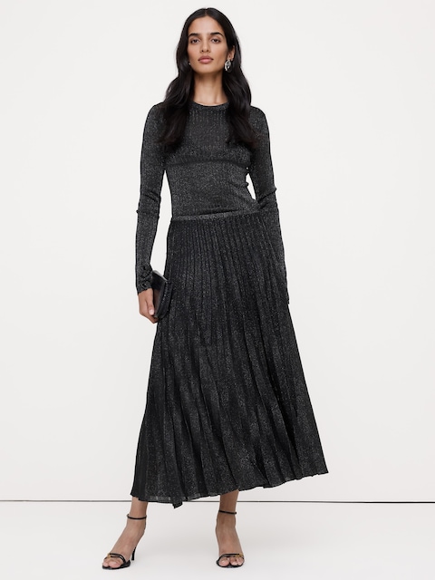 Pleated Metallic Sweater Skirt