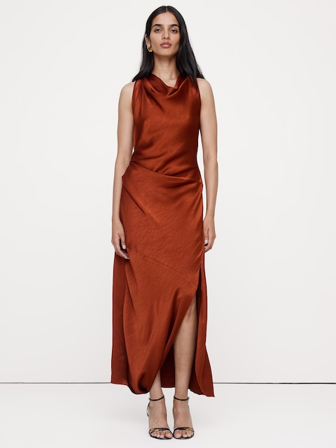 Hammered Satin Draped Cowl-Neck Maxi Dress