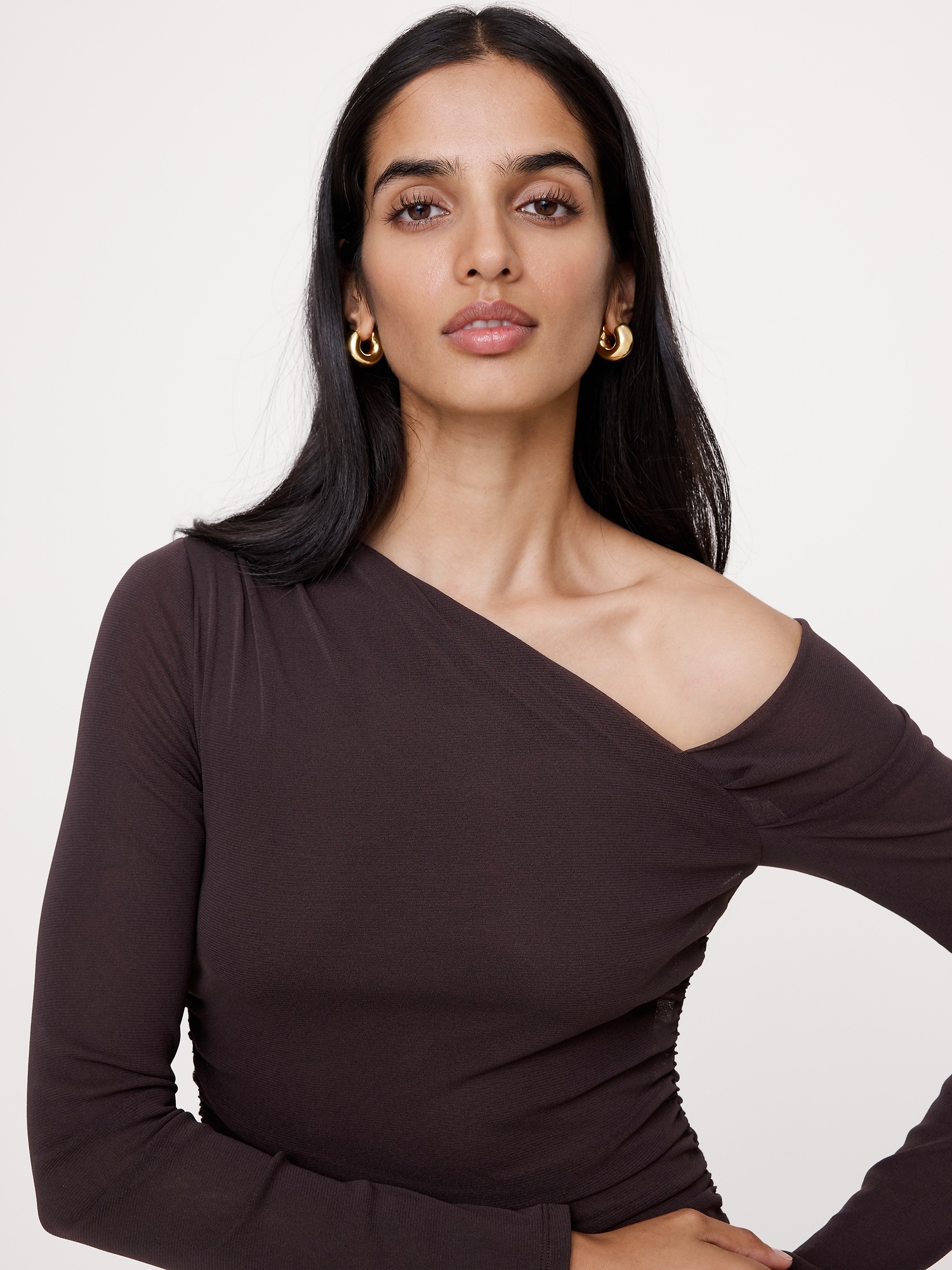 Mesh Asymmetric Ruched Maxi Dress