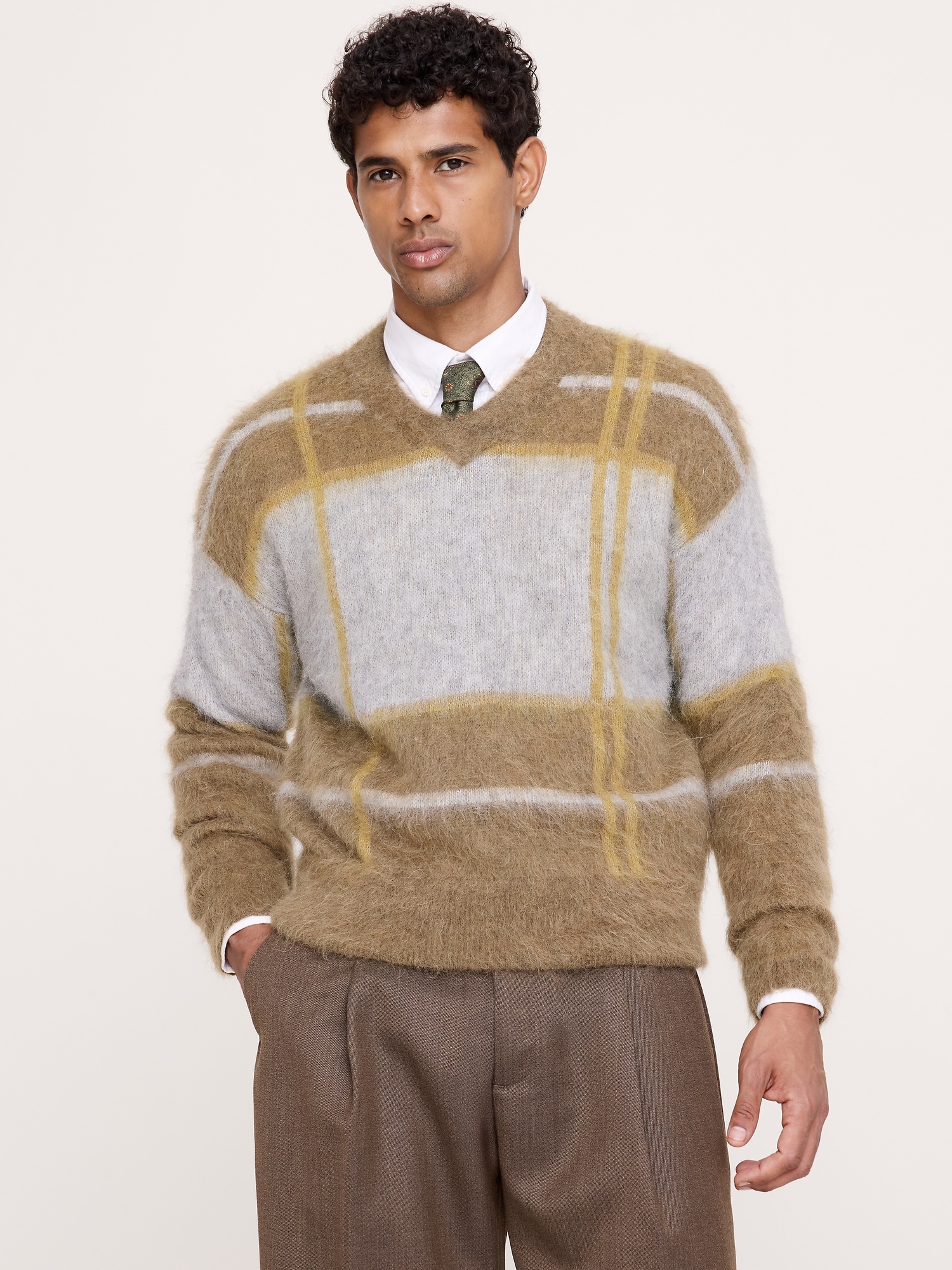 Brushed Italian Alpaca-Blend Plaid V-Neck Sweater