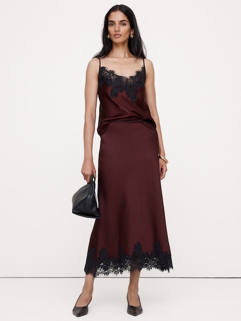 Stretch-Satin Lace-Trim Midi Skirt
