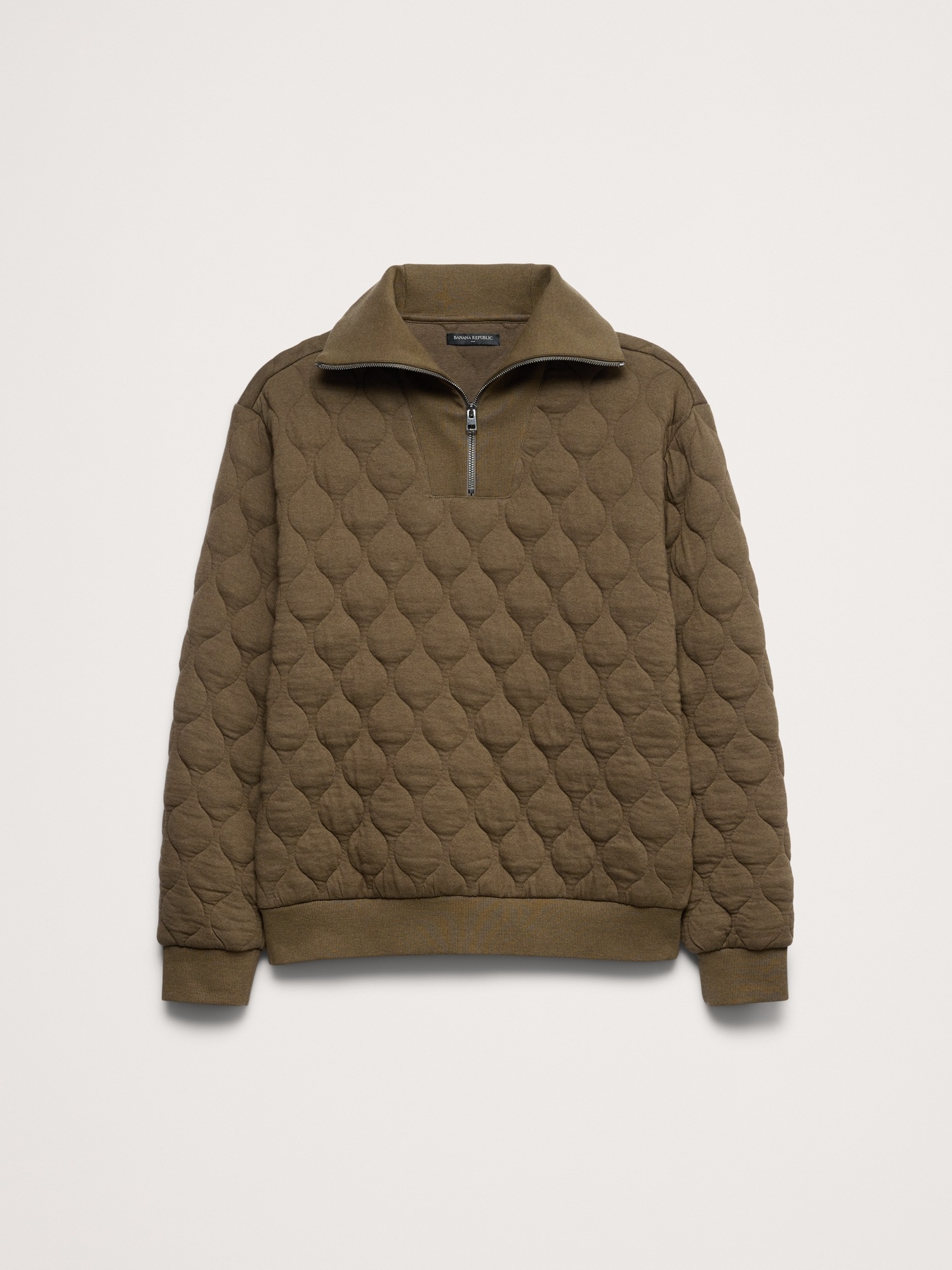 Мужской свитер Banana Republic Cotton Quilted Jacquard Quarter-Zip Pullover, цвет: Оливковый зелёный — фото 4