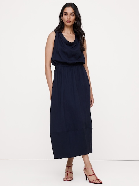 Drapey Twill Cowl-Neck Midi Dress
