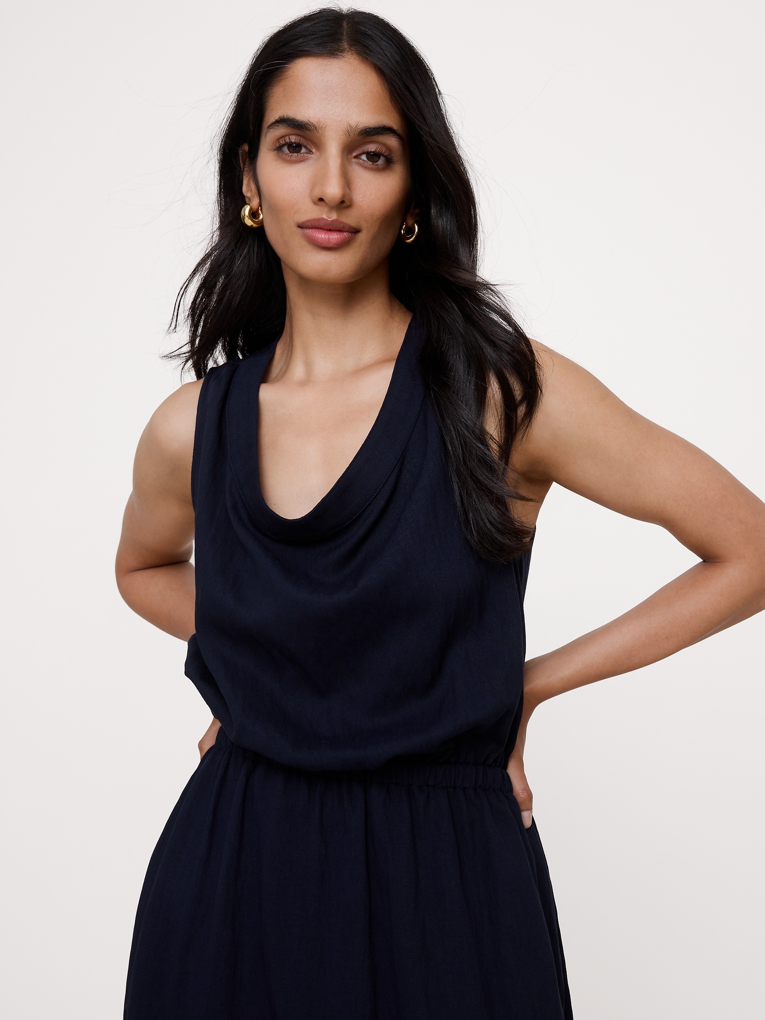 Drapey Twill Cowl-Neck Midi Dress