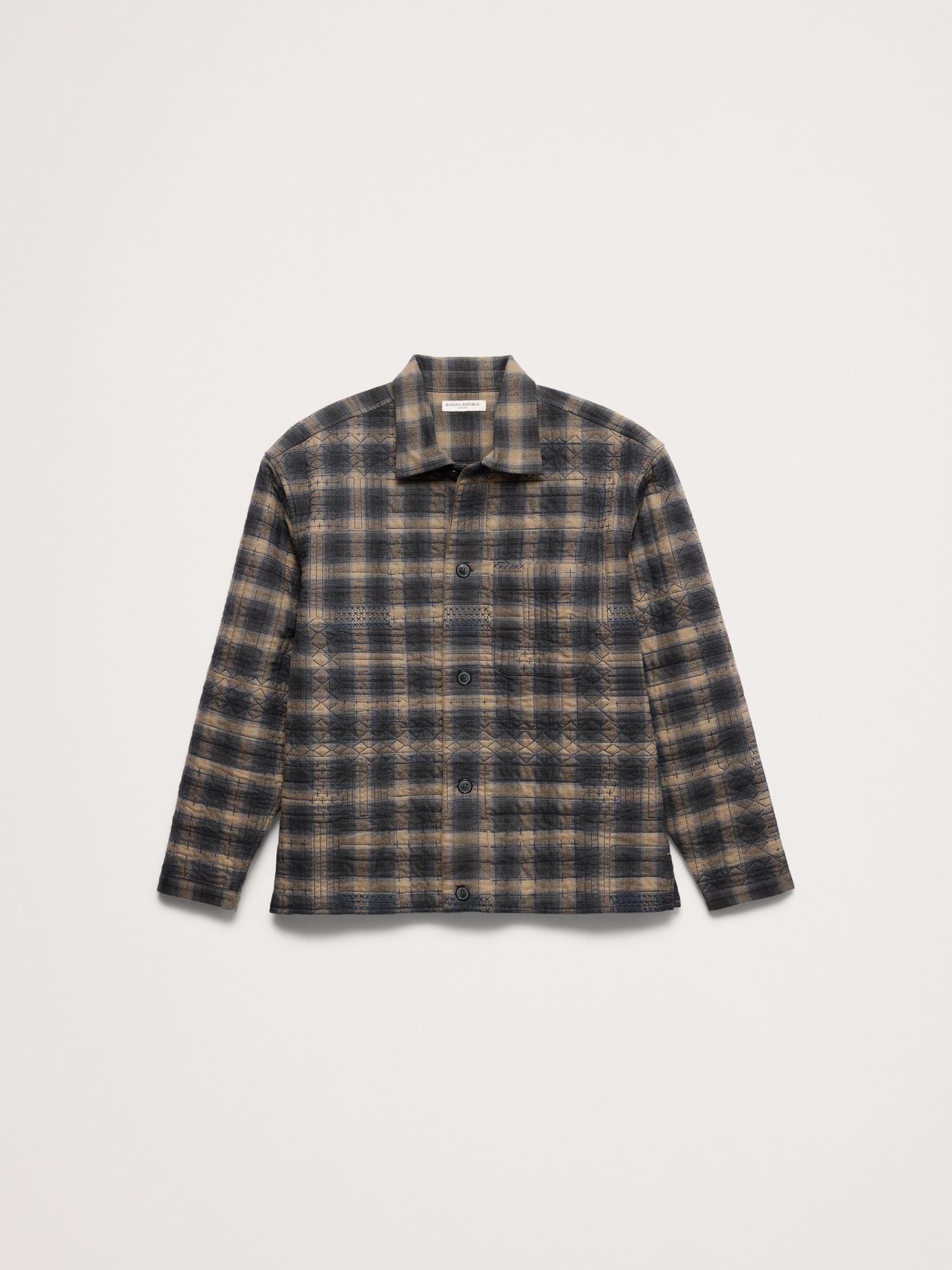 Мужская рубашка Banana Republic Relaxed-Fit Embroidered Cotton Quilted Flannel Overshirt, цвет: Синий / Коричневый — фото 4
