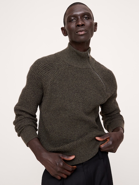 Italian Merino-Blend Moto Sweater with Size Zip
