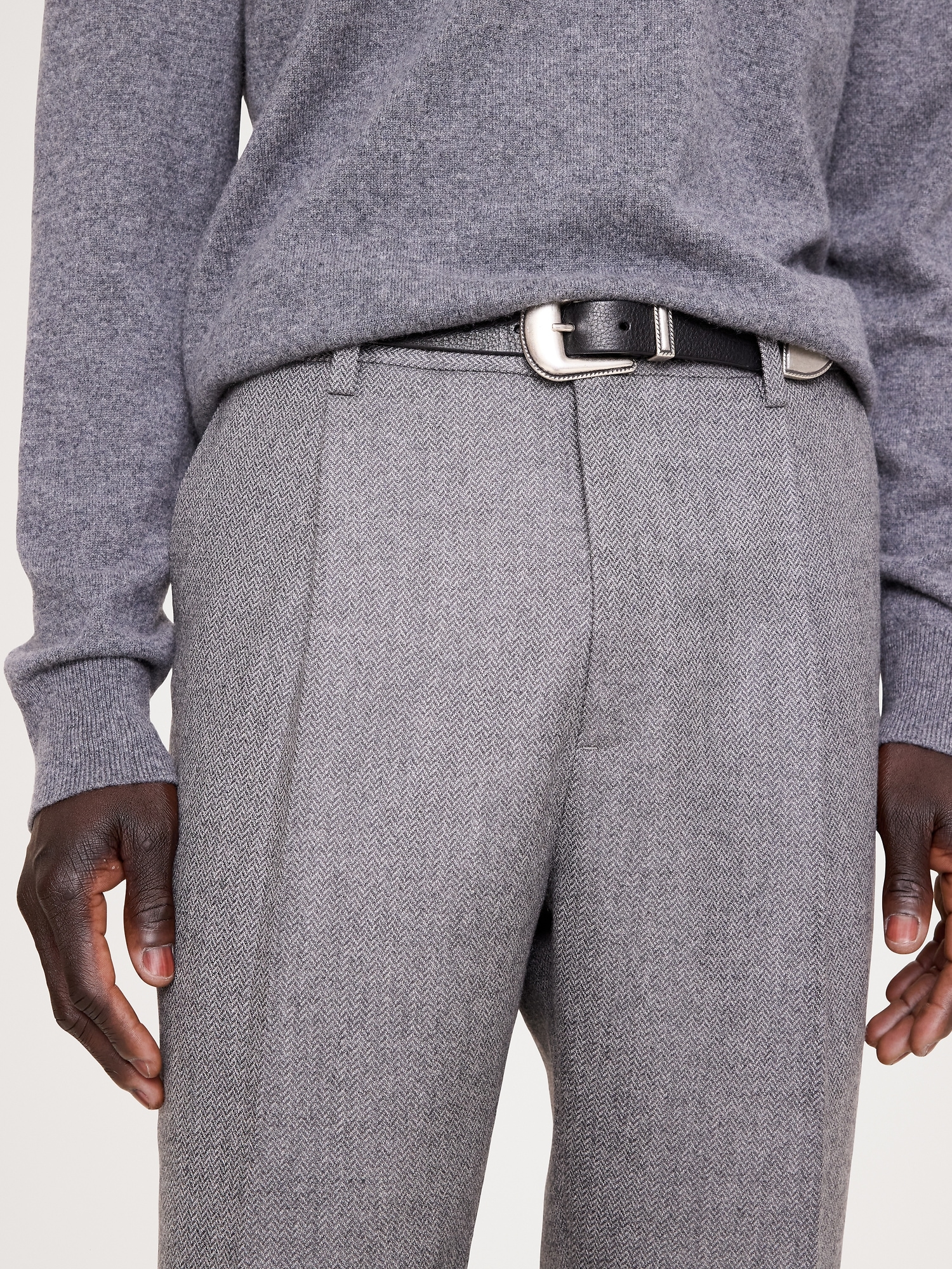 Classic Tapered Wool-Cotton Herringbone Dress Pant