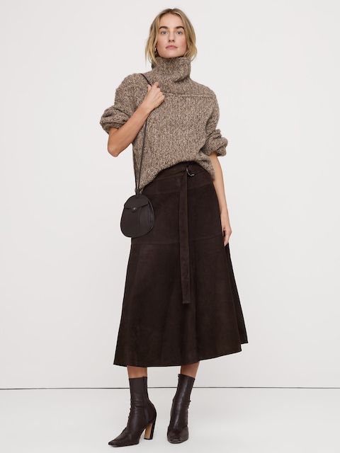 Tiered Suede Belted Midi Skirt