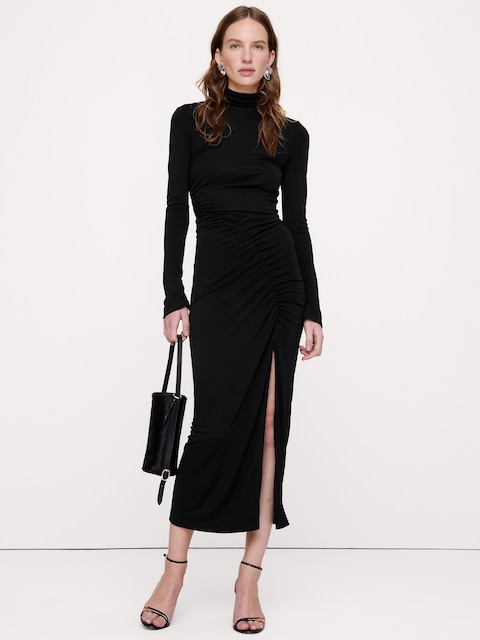 Ruched Jersey Turtleneck Maxi Dress