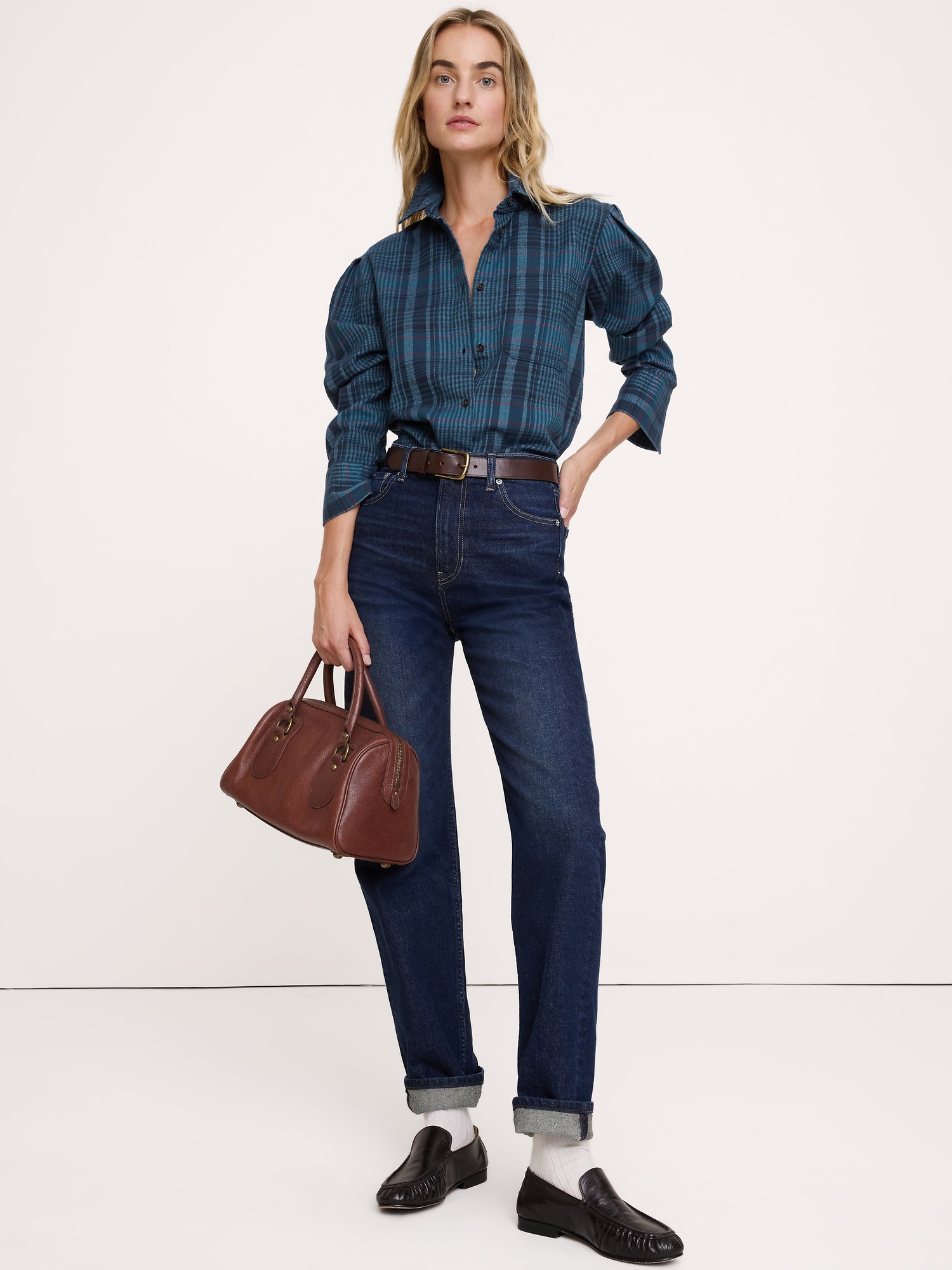 Женская рубашка Banana Republic Relaxed Flannel Utility, цвет: Синий клетчатый — фото 3