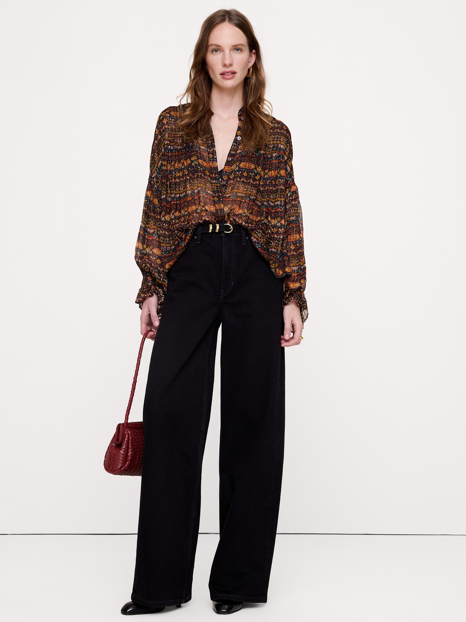 Женская блузка Banana Republic Chiffon Balloon-Sleeve Blouse, цвет: Чёрный — фото 3