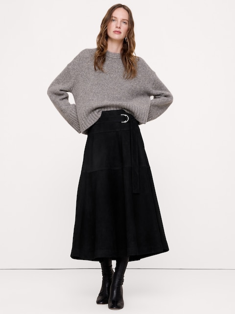 Tiered Suede Belted Midi Skirt