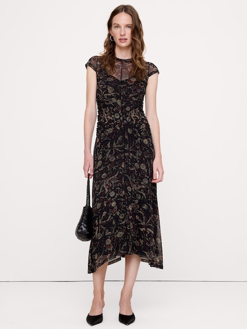 Ruched Mesh Short-Sleeve Midi Dress