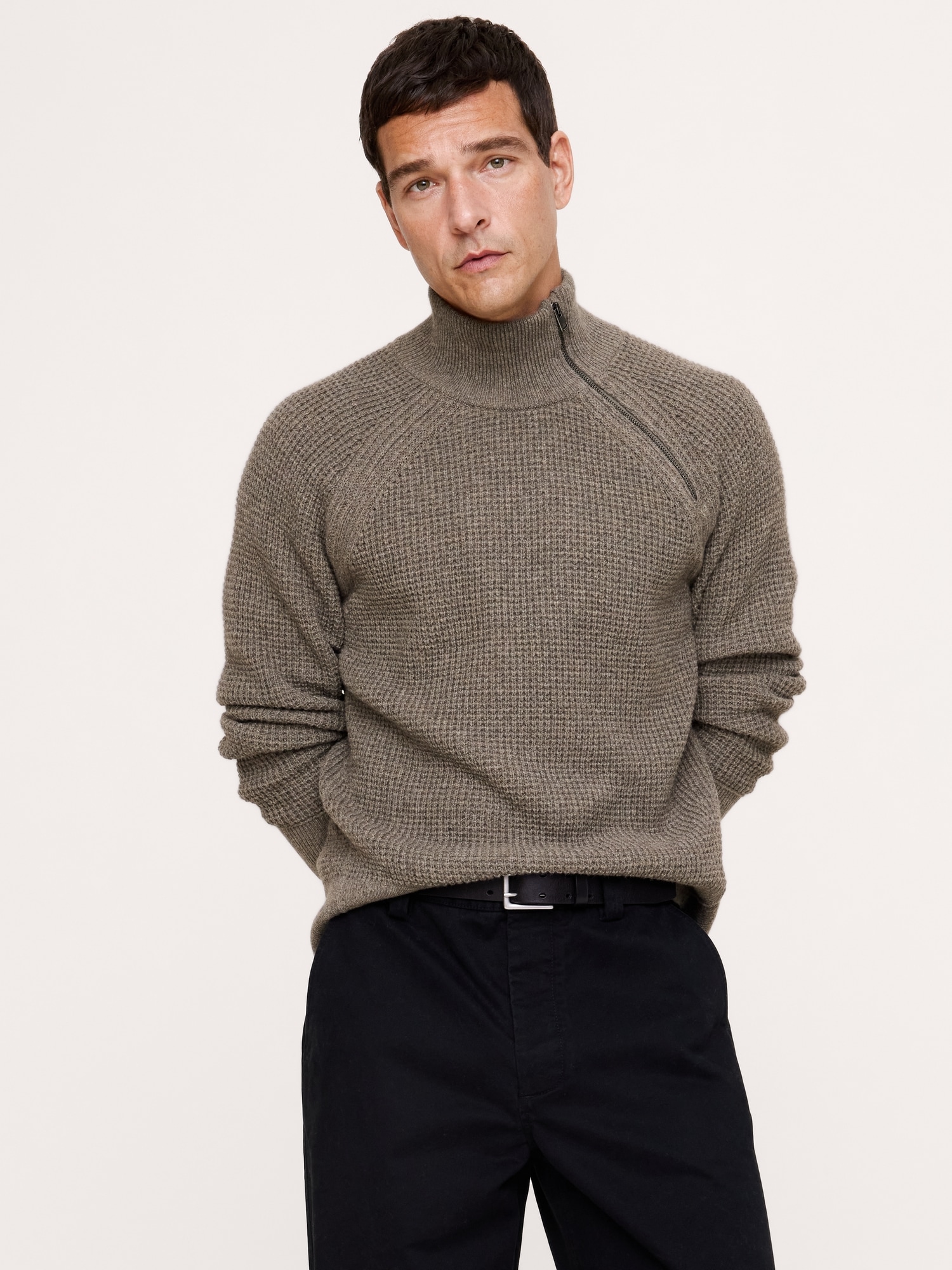 Italian Merino-Blend Moto Sweater with Zip