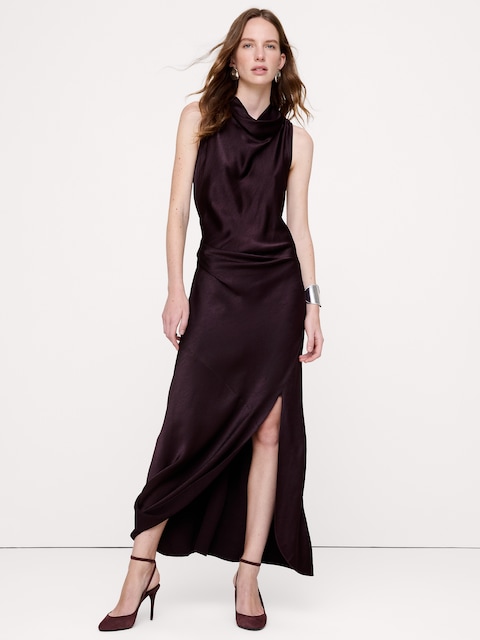 Hammered Satin Draped Cowl-Neck Maxi Dress